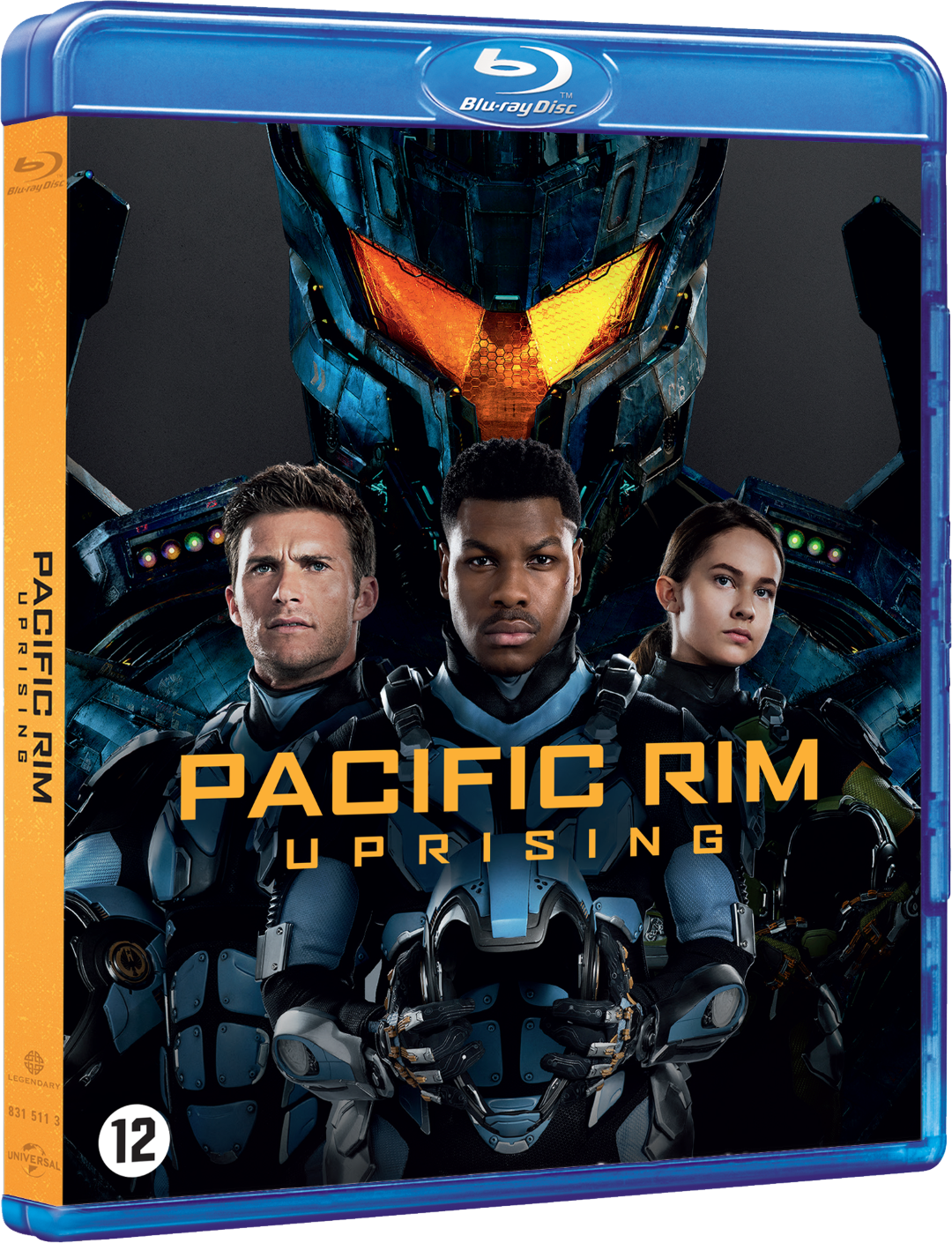 Blu-ray-hoes voor 'Pacific Rim: Uprising', met acteurs en een reusachtige robot.