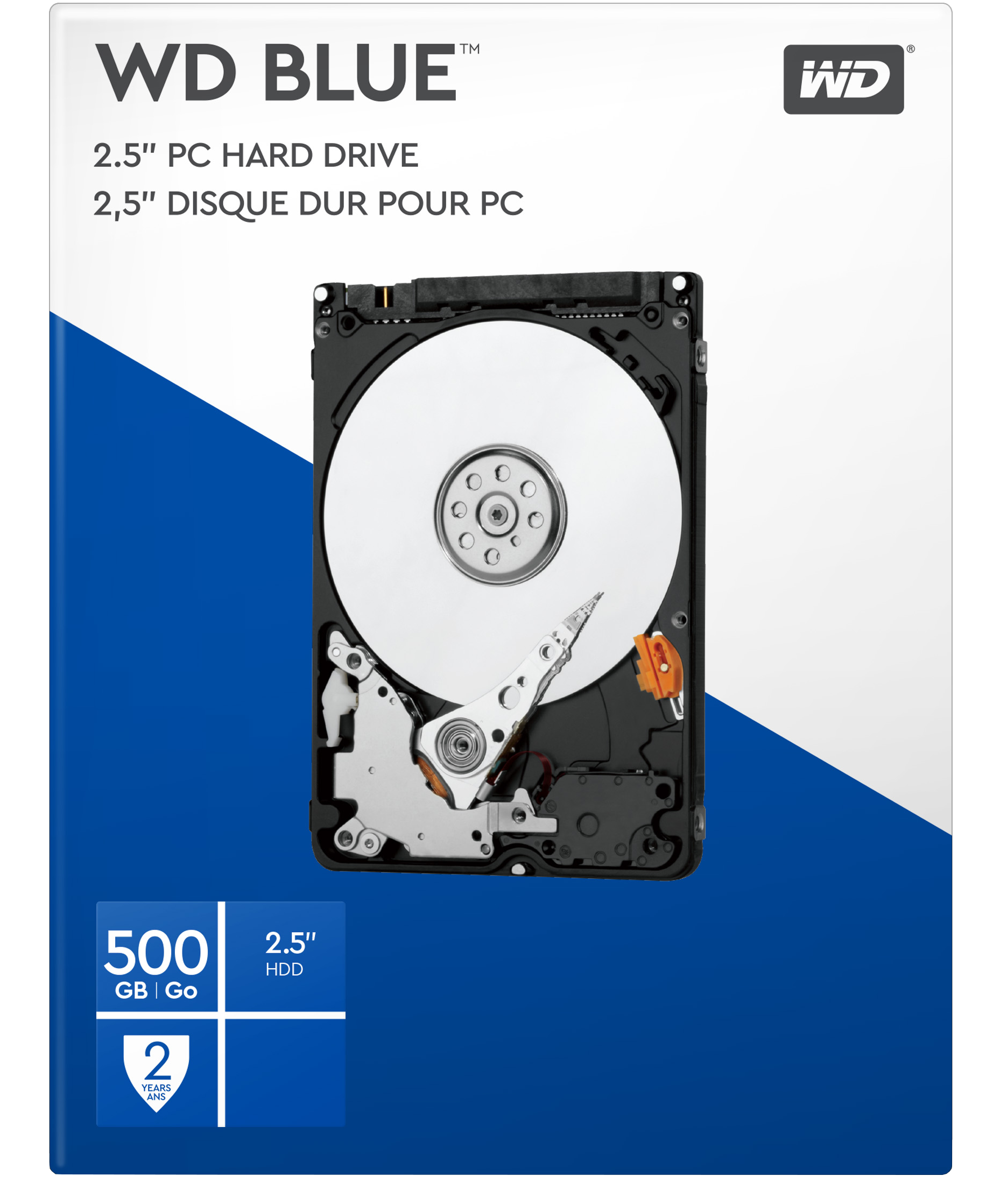 A hard drive in its packaging, with a white surface and the WD Blue logo.