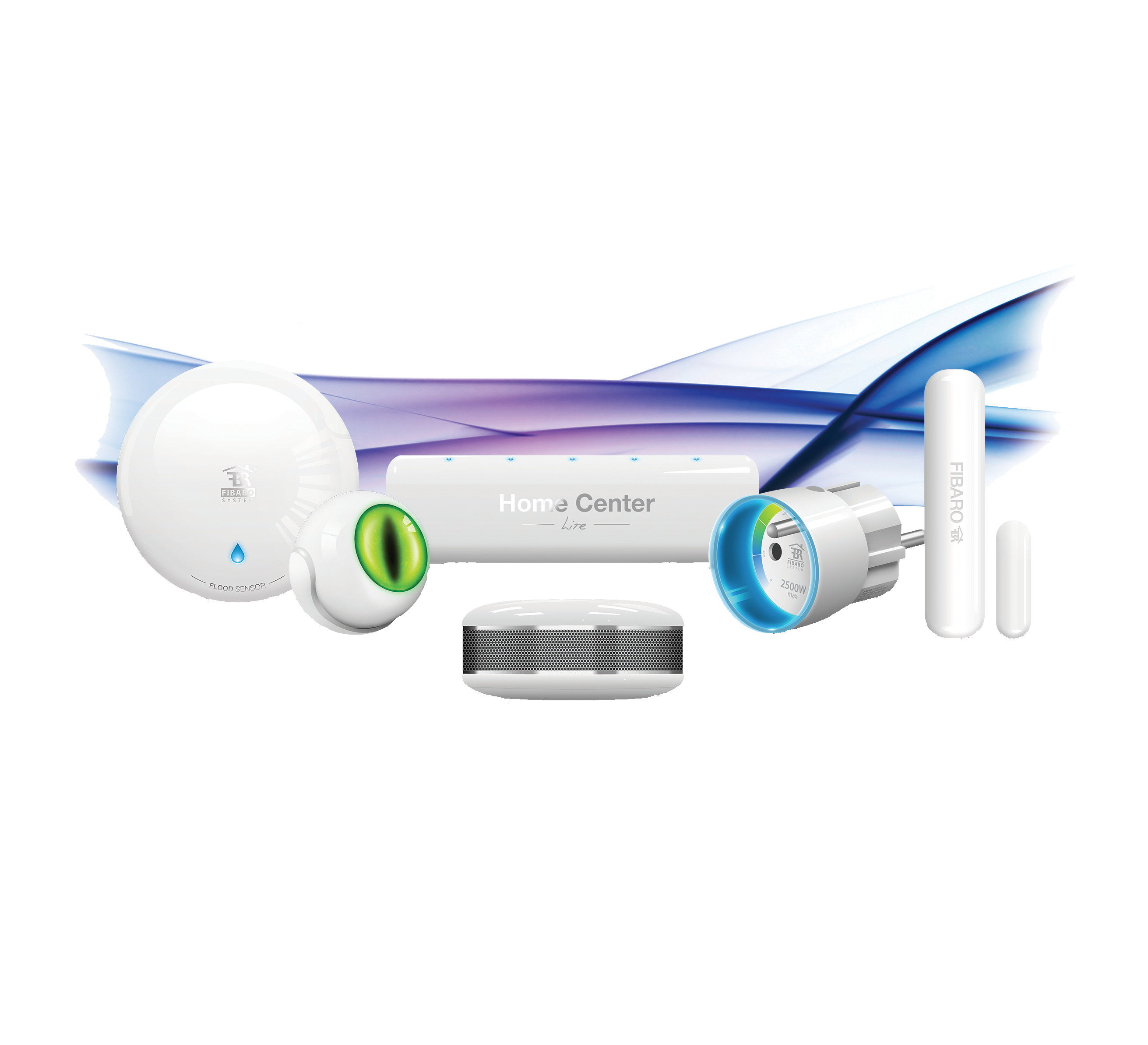 Verschillende witte slimme apparaten voor thuis, waaronder een watersensor, een oogvormige sensor, Home Center.