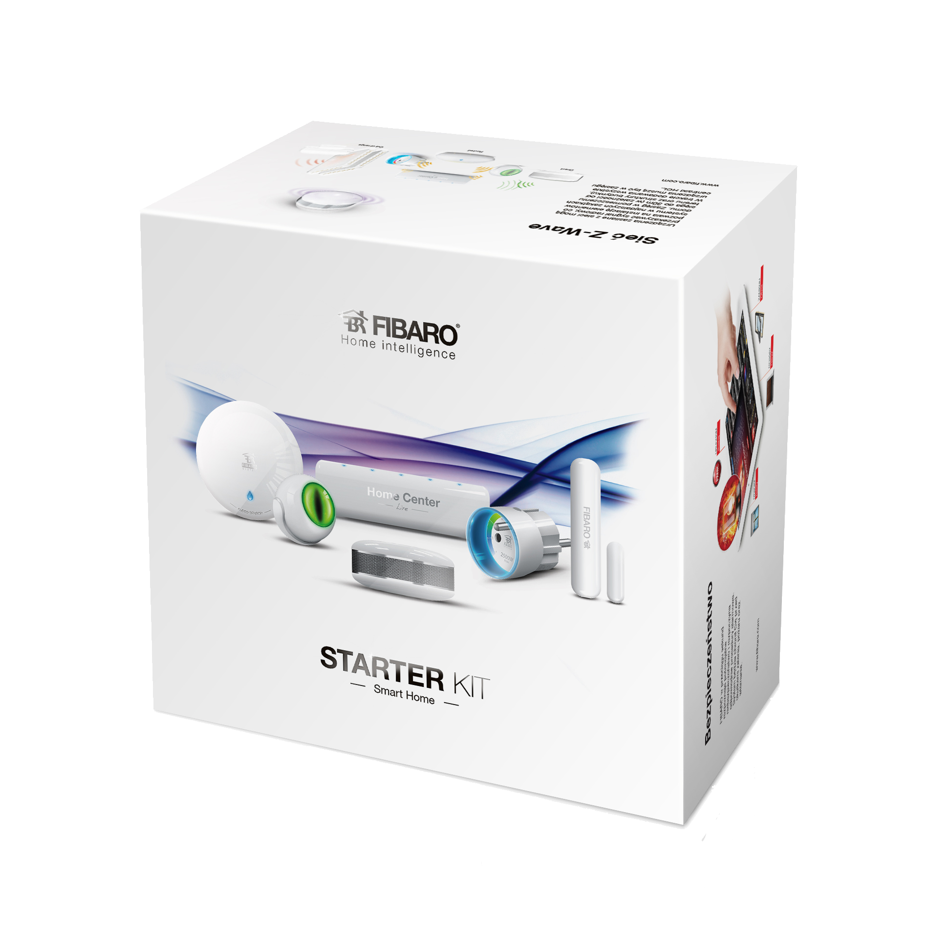 Een witte doos met smart home-apparaten. Bevat een hub, sensoren en een slimme stekker.