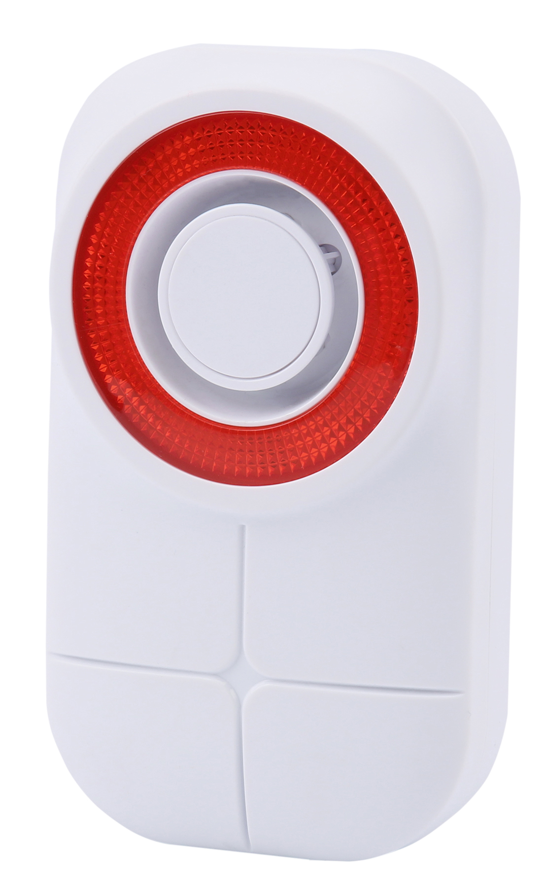 Weißes Alarmgerät mit rotem Lichtring und weißer Mitte. Das Gerät hat einen vierteiligen unteren Teil.