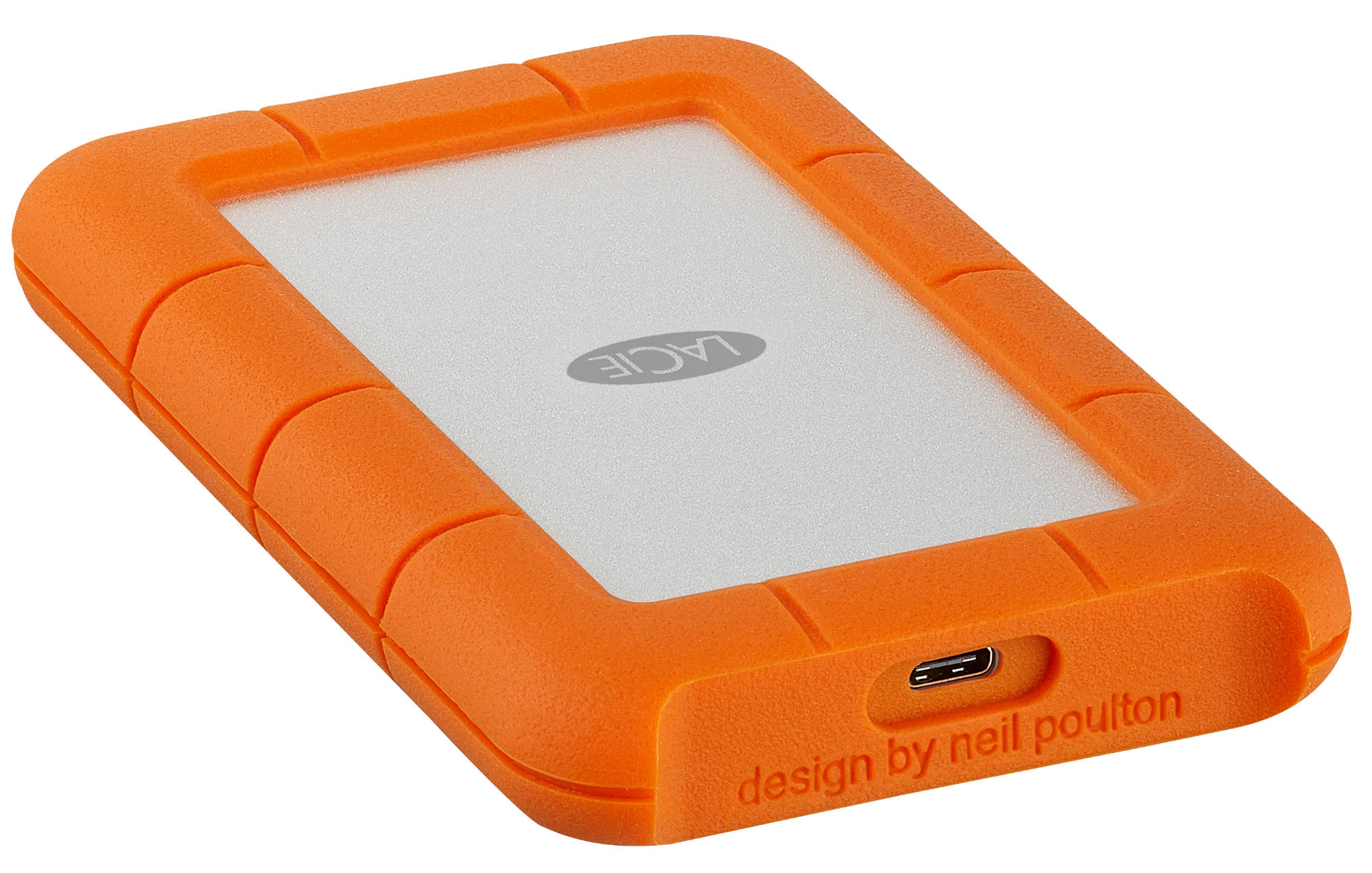 Disco duro externo resistente de color naranja con puerto USB, sobre fondo blanco.