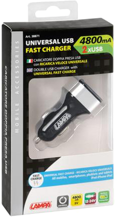 Fekete-ezüst autós töltő csomag USB portokkal.