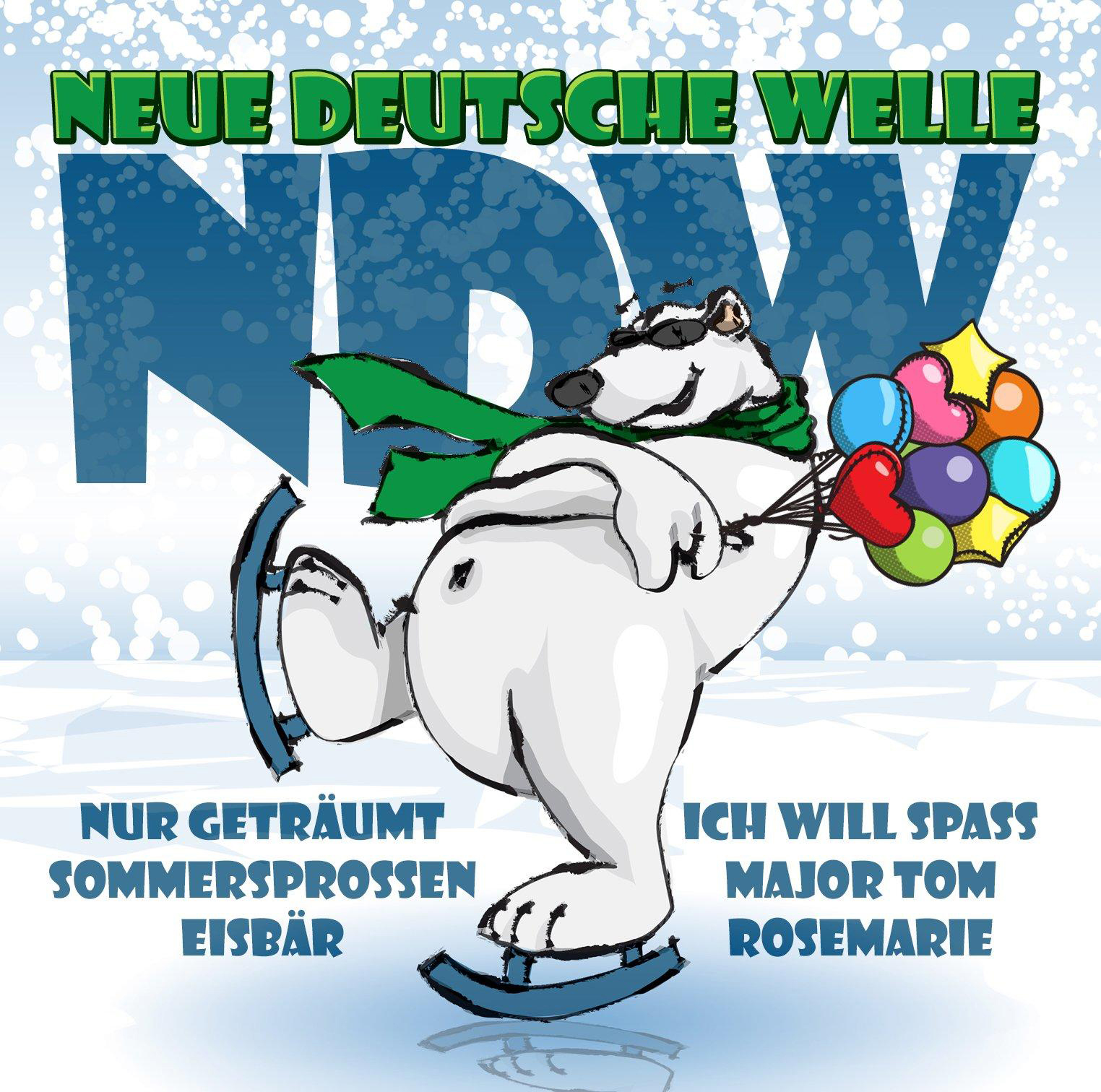 Cartoon Eisbär mit grünem Schal auf Schlittschuhen, hält Ballons. Text: Neue Deutsche Welle.