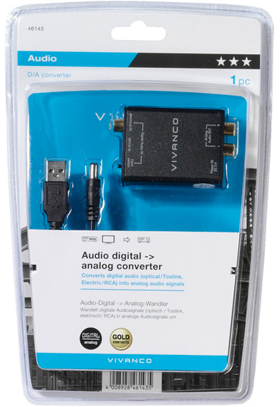Verpackung eines Audio-Digital-Analog-Wandlers. Zeigt das Gerät und das USB-Kabel.
