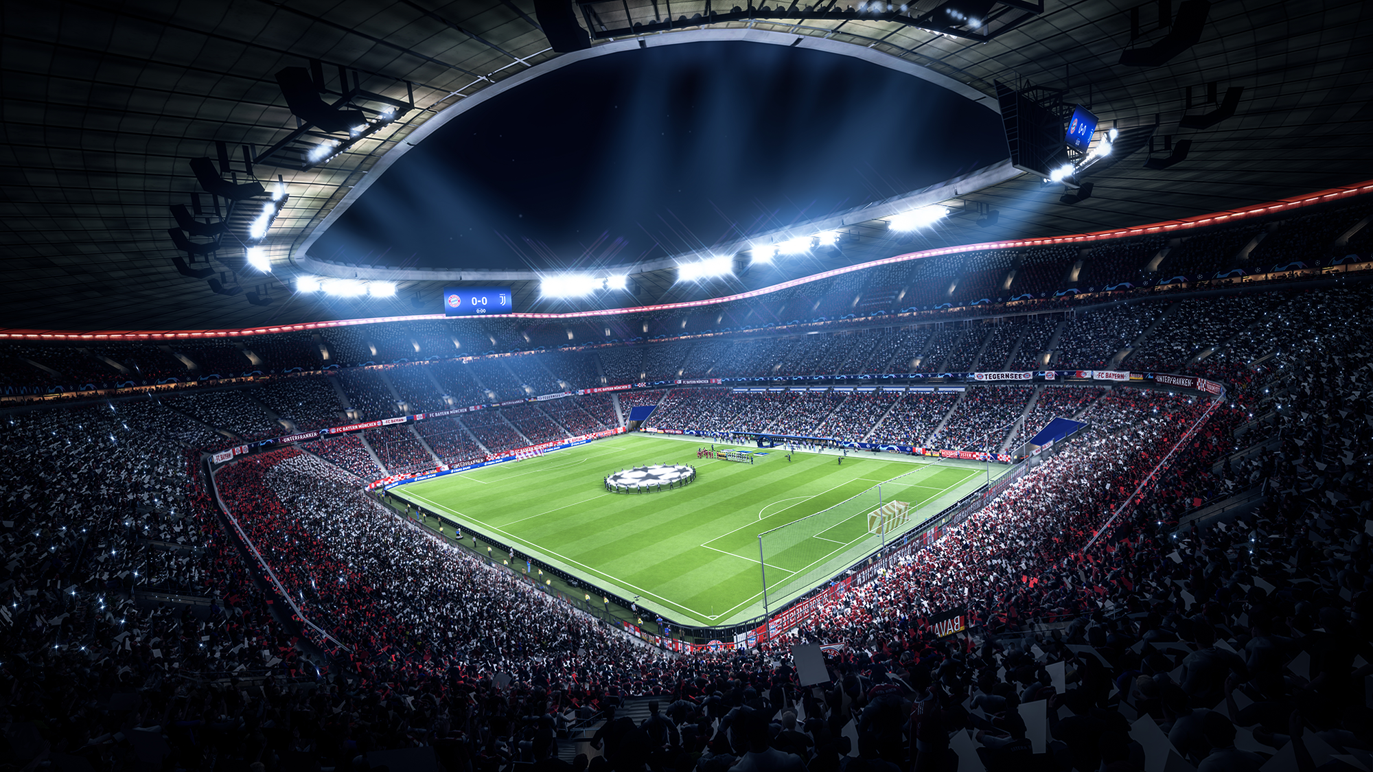 Voetbalstadion 's nachts. Groen veld, verlicht door lichten, omringd door zitplaatsen.