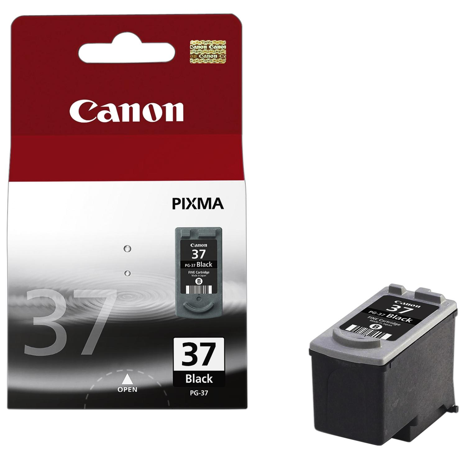 Canon 37 Black Tintenpatrone, verpackt und lose. Die Verpackung ist überwiegend weiß, mit Produktdetails.