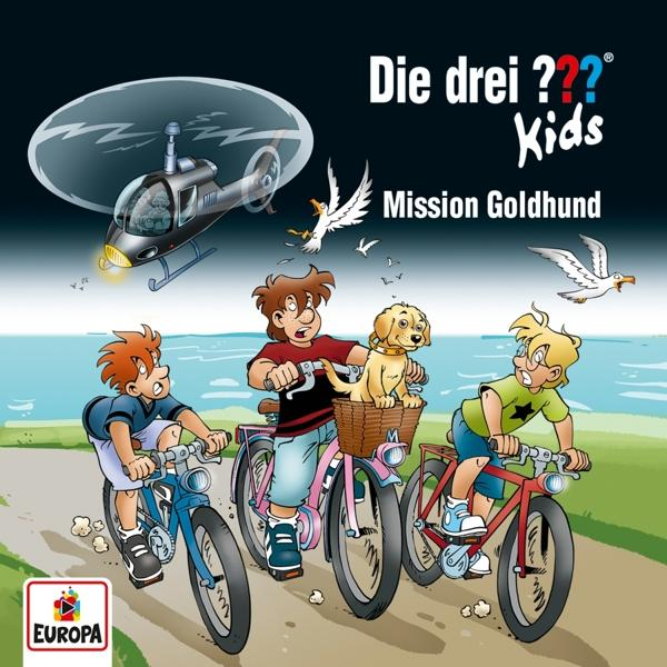 Cartoon-Cover für das Buch Die drei ??? Kids. Drei Kinder auf Fahrrädern mit einem Hund.