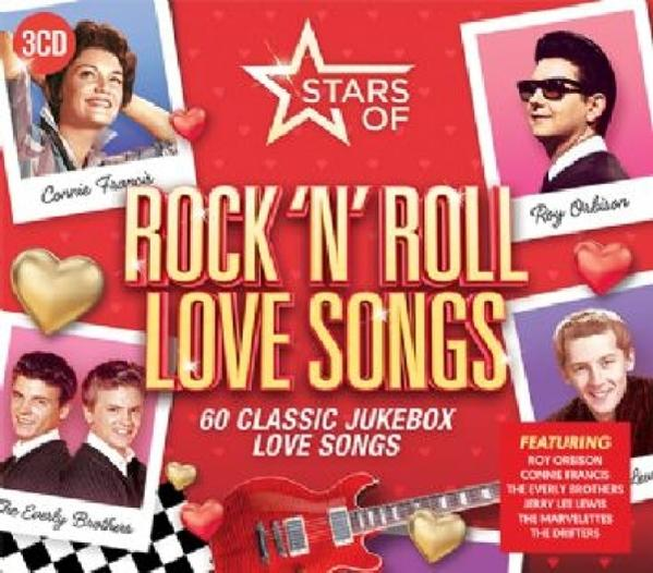 Albumcover von 'Stars of Rock'n'Roll Love Songs'. Enthält Porträts von Künstlern, eine Gitarre, Herzen und den Titel.