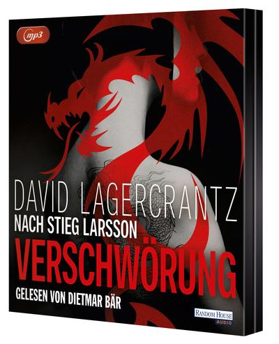 Buchcover. Rote Drachensilhouette. Deutscher Titel: 'Verschwörung'. Autor: David Lagercrantz.
