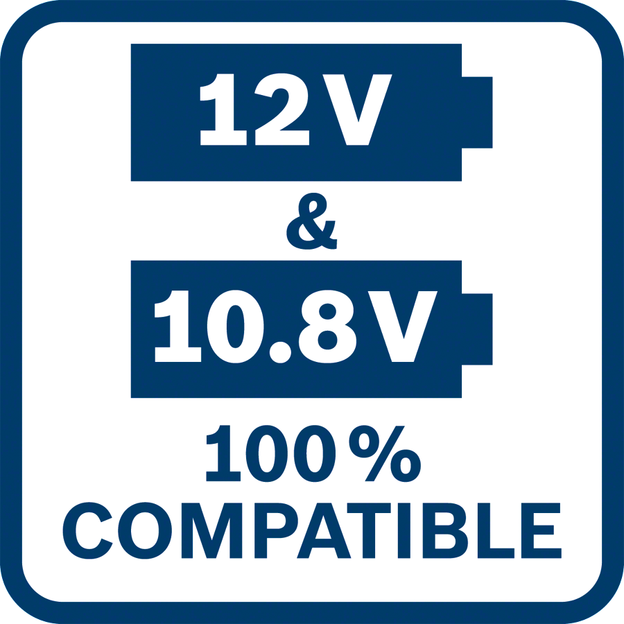 Egy kék-fehér tábla, melyen a következő felirat olvasható: 12V & 10.8V, 100% COMPATIBLE.