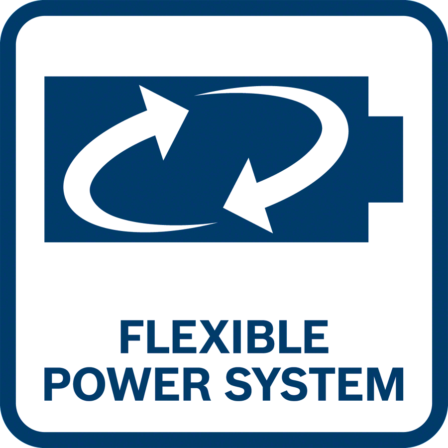 Kék-fehér ikon akkumulátor körvonallal és nyíllal. Szöveg: FLEXIBILIS ENERGIARENDSZER.