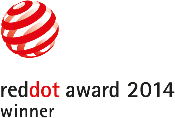 Red Dot díj logó. Egy piros gömb piros-fehér spirál designnal.