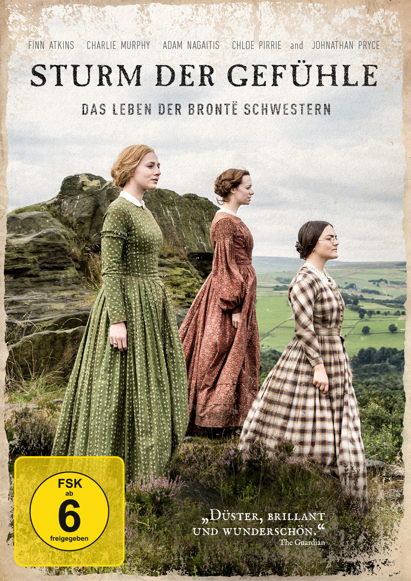 Filmposter mit drei Frauen in historischen Kleidern, die auf einem Hügel gehen. Text auf Deutsch.
