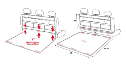 Autóülés-huzat diagramja méretekkel és a rögzítést jelző nyilakkal.