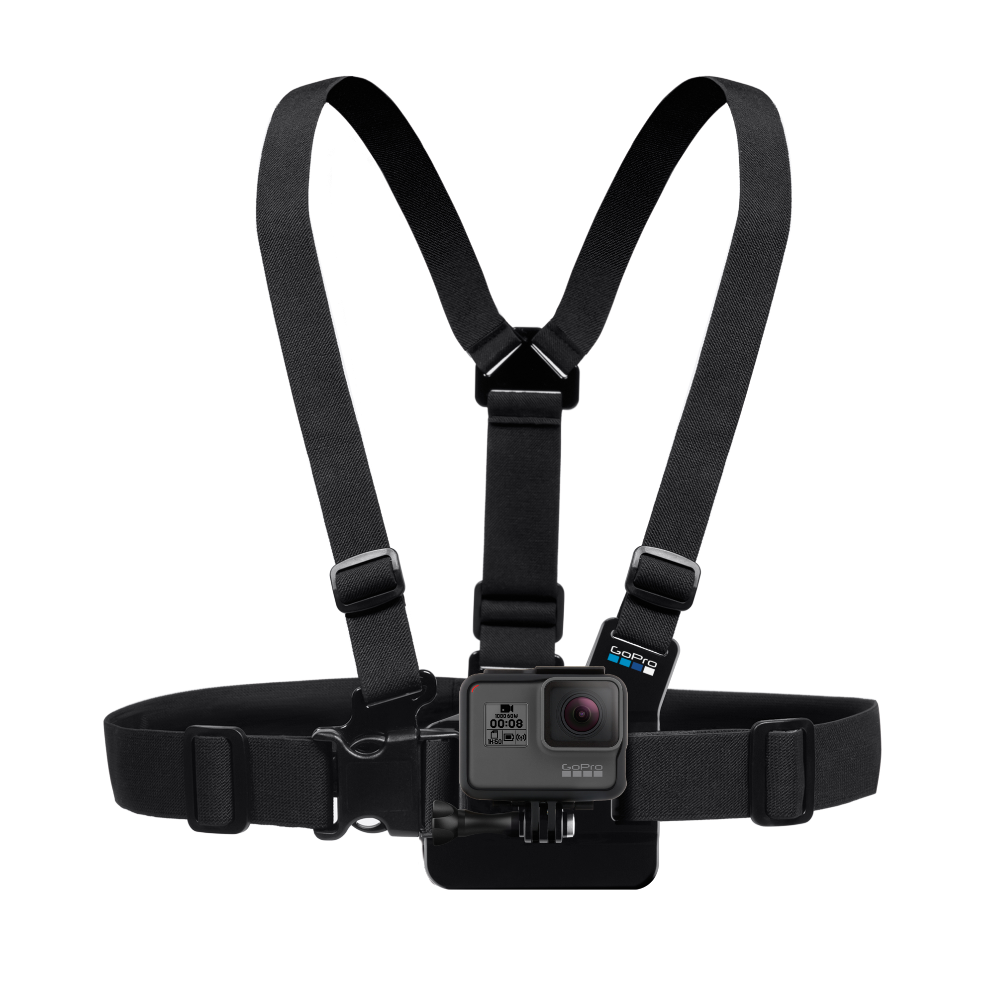 Takılı bir GoPro kamerası ile siyah GoPro göğüs montaj koşumu. Siyah zemin.