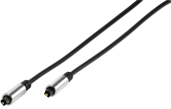 Schwarzes optisches Audiokabel mit silbernen Steckern, für digitale Audioübertragung.