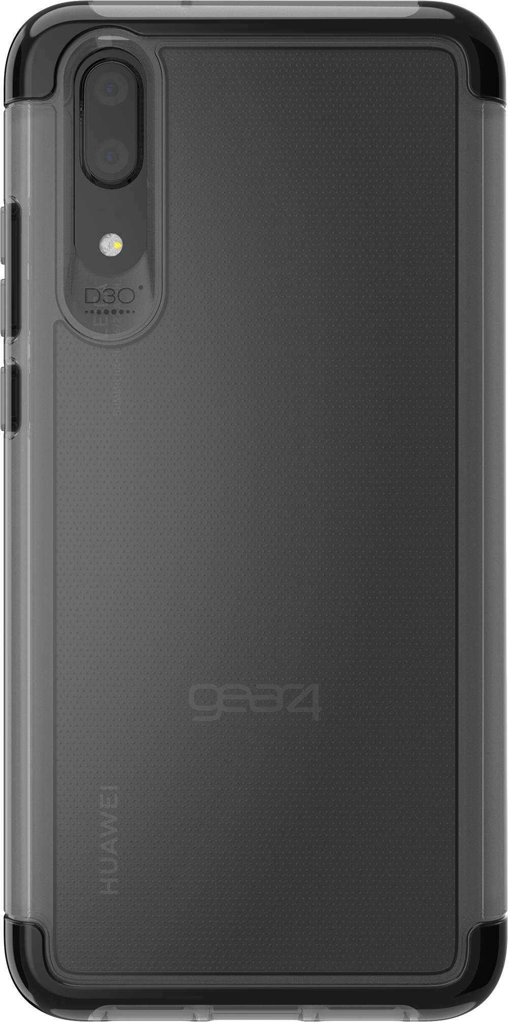 Black and gray phone case. Phone inside. Black background.