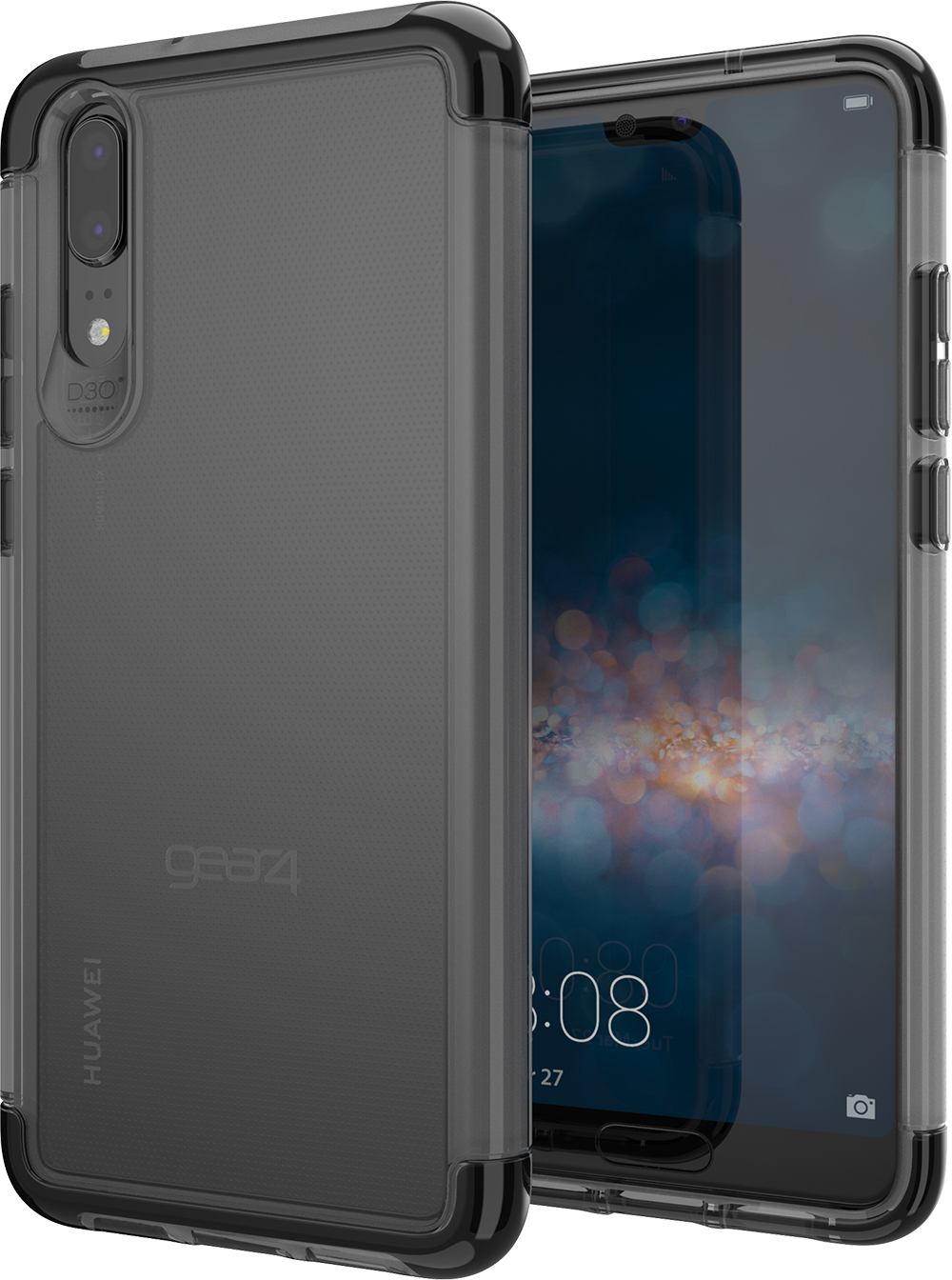 Black and gray phone case, with two phones side by side.