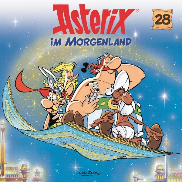Comic-Cover von Asterix, der mit anderen Figuren auf einem fliegenden Teppich fliegt. Gebäude im Hintergrund.
