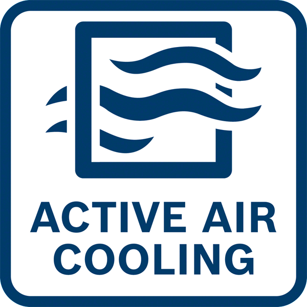 Kék négyzet alakú ikon az ACTIVE AIR COOLING felirattal és egy légáramlási szimbólummal.