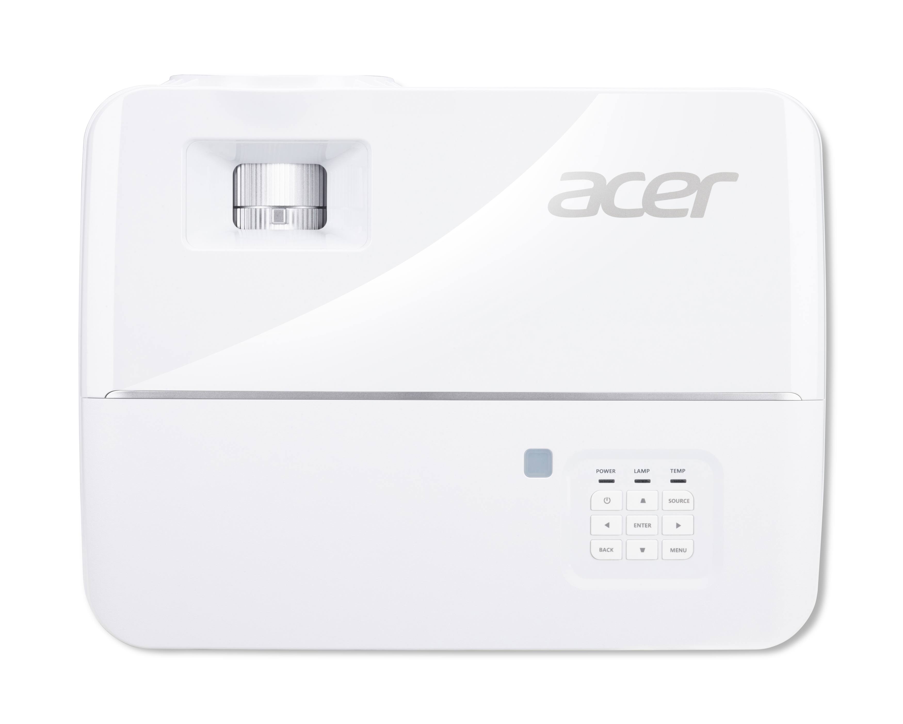 Weißer Acer Projektor mit Steuertasten, Strom- und Lampenanzeigen auf weißem Hintergrund.