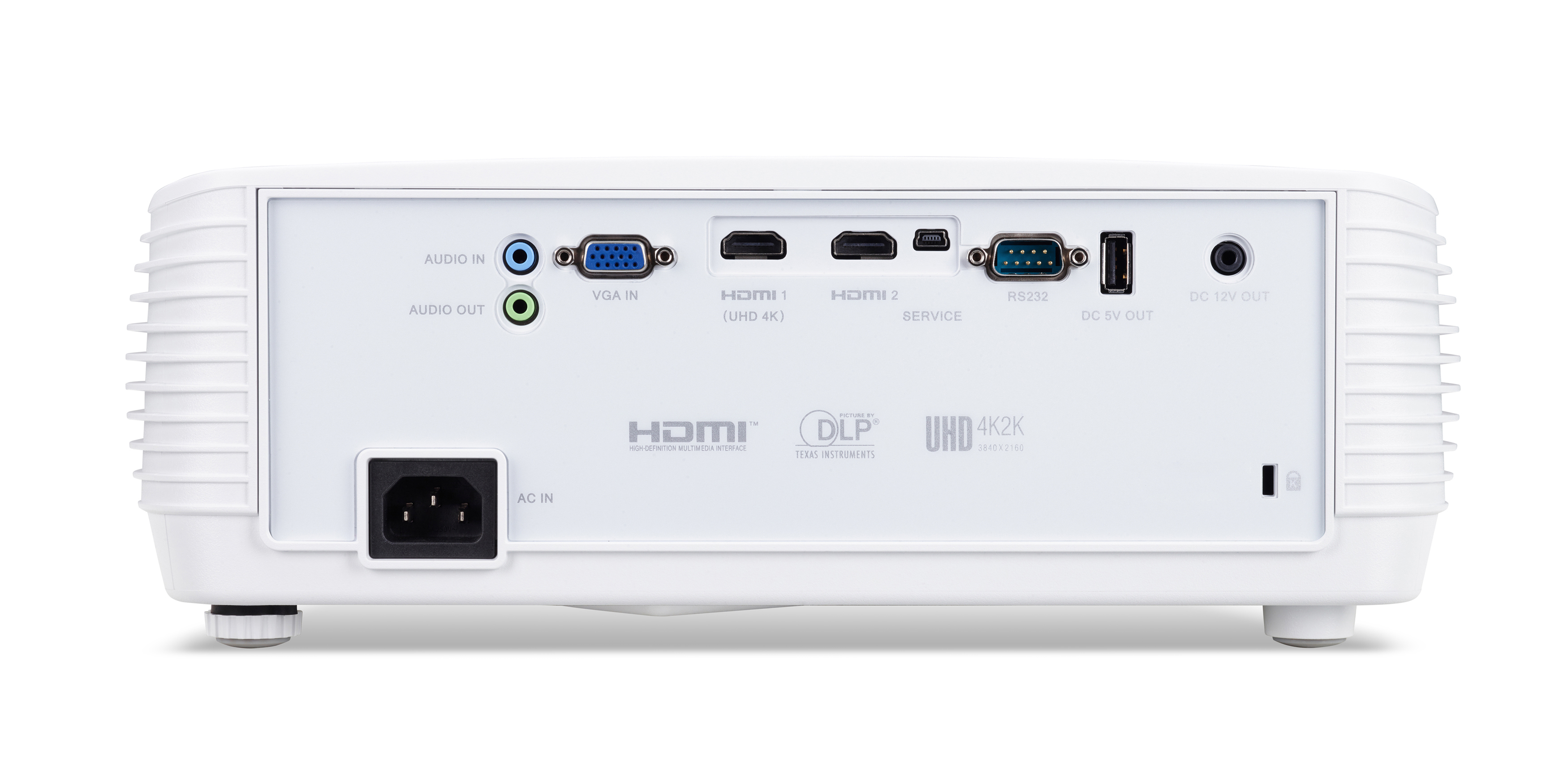 Rückansicht eines weißen Projektors mit Anschlüssen: Audio, VGA, HDMI, USB und DC-Eingang. AC-Eingang links.