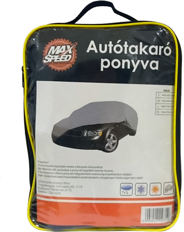 Autóponyva egy táskában, autó sziluettjével és magyar nyelvű szöveggel.