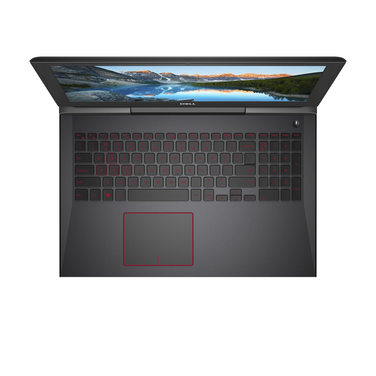Laptop, Draufsicht, geöffnet. Schwarz mit roter Tastatur und Touchpad, rotes DELL Logo.