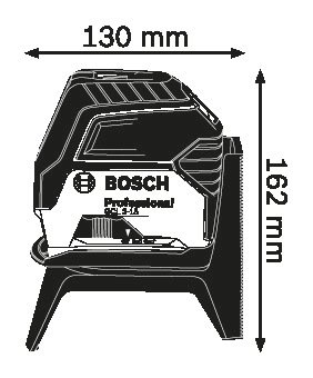 Fekete-fehér vonalas rajz egy Bosch lézeres szintről, méretekkel: 130 mm x 162 mm.