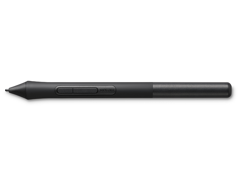 Black Wacom pen on white background, a digital drawing tool with buttons.