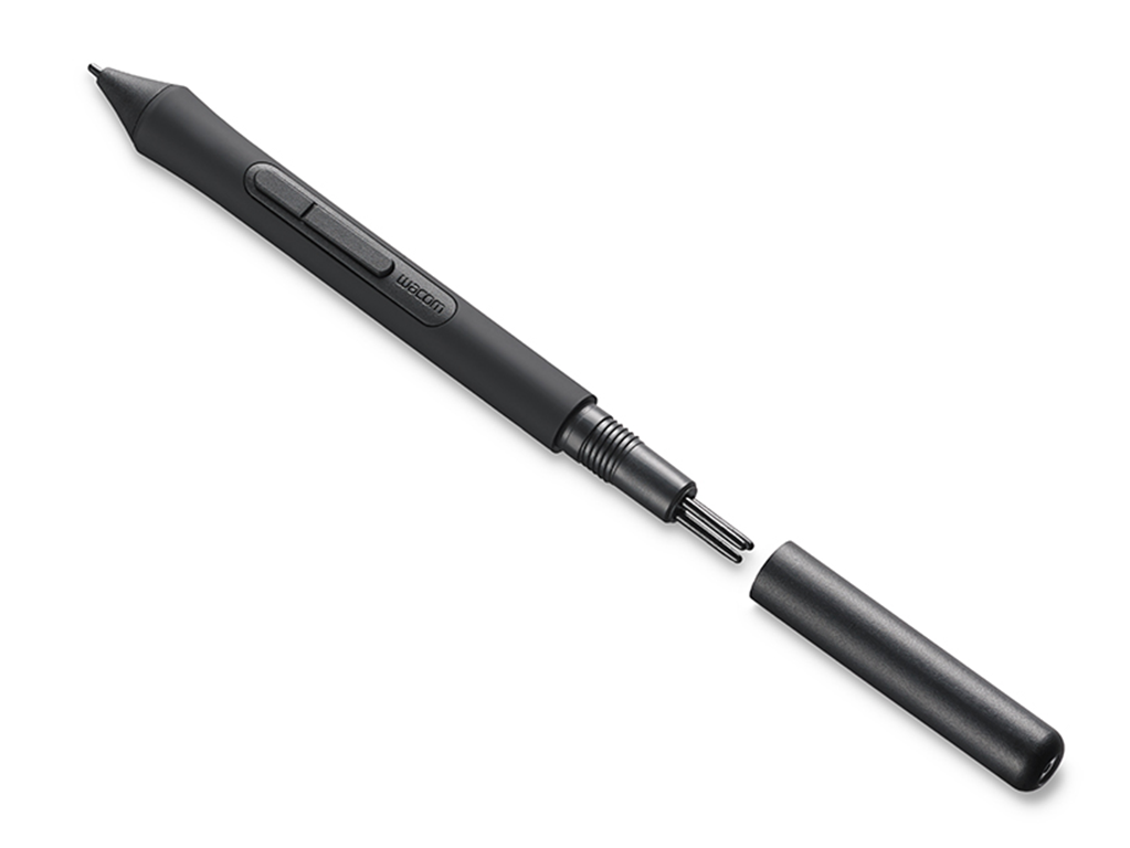 Black Wacom stylus pen with a cap and spare nibs, lying on a white background. The pen is disassembled.