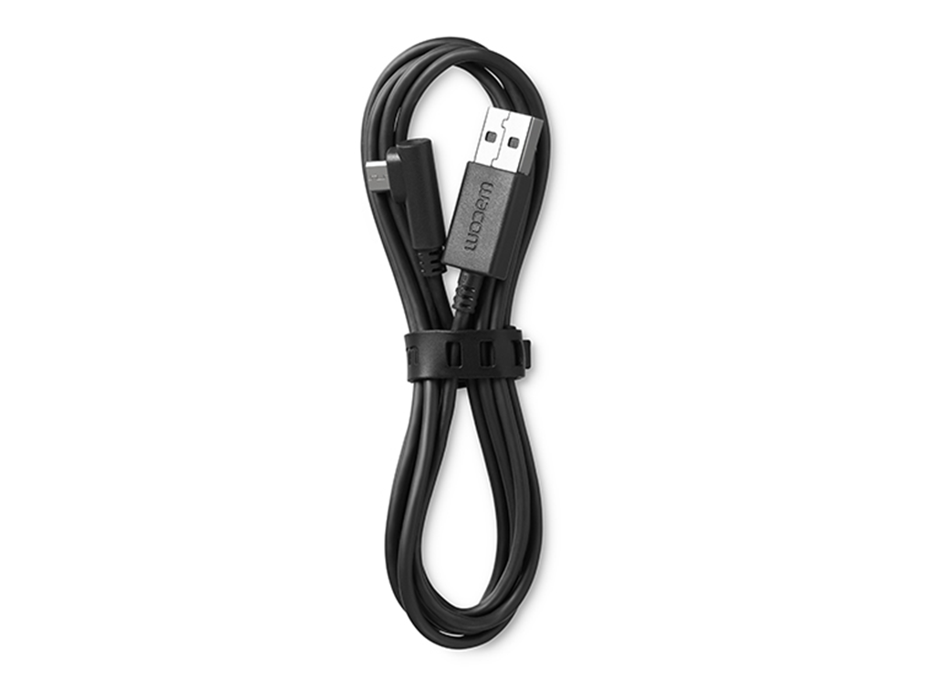 A black USB cable with a USB-A and USB-C connector, coiled, and secured with a black tie.