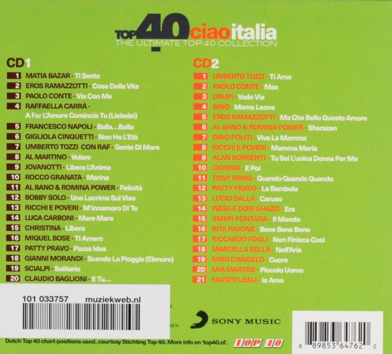 Couverture d'album avec une liste de chansons. Titre : Top 40 Ciao Italia.