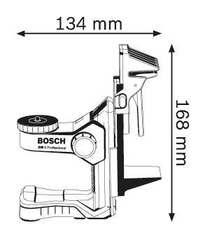 Egy Bosch lézeres szintező oldalsó profilja, 134 mm és 168 mm méretekkel.