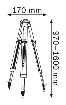 Fekete-fehér rajz egy állványról, méretekkel: 170 mm szélesség, 970-1600 mm magasság.