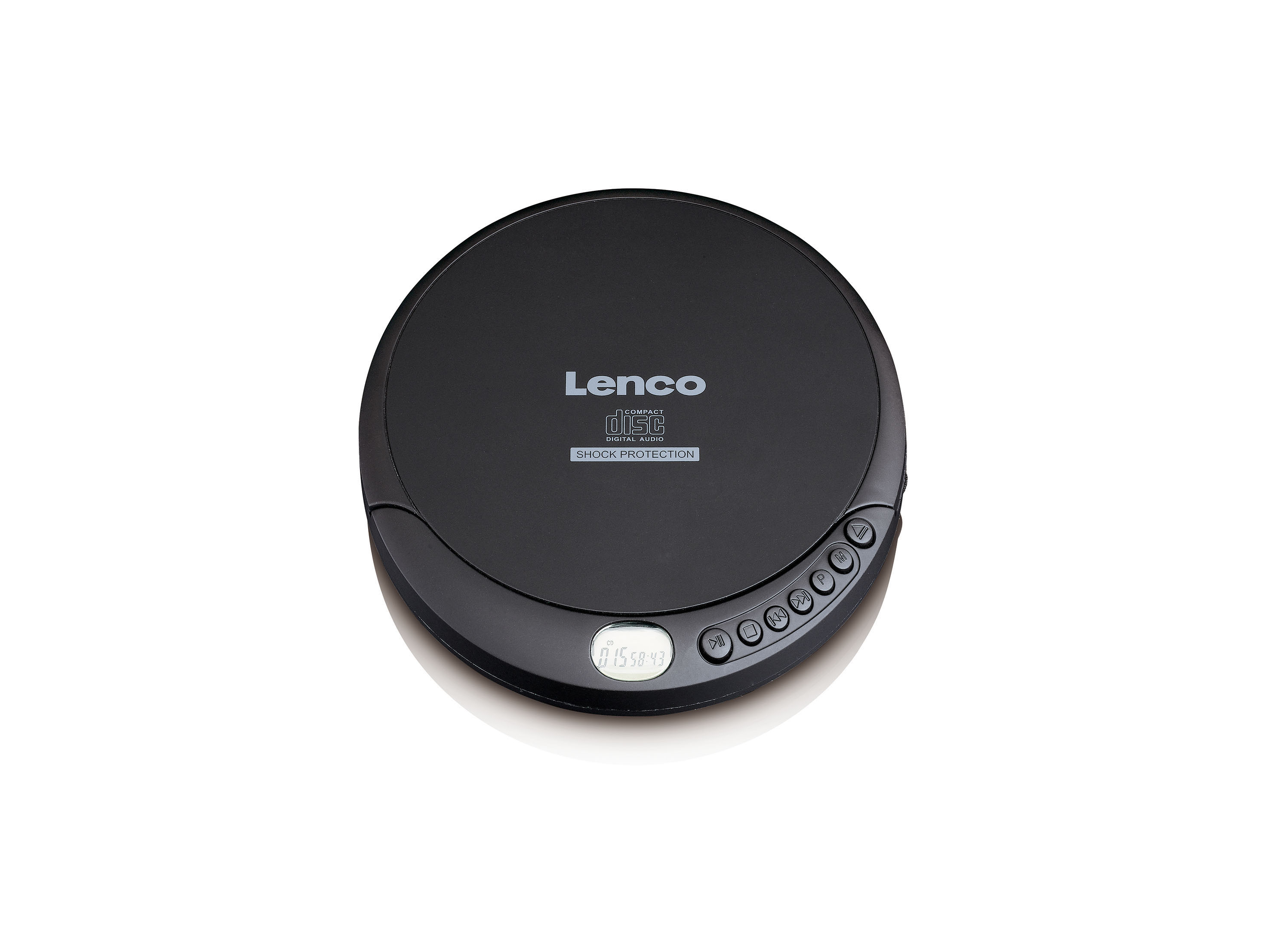 Schwarzer tragbarer CD-Player von Lenco mit Knöpfen und Display. Weißer Hintergrund.