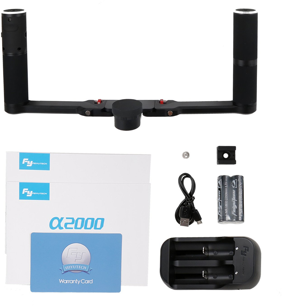 Camera stabilizer with accessories including batteries, charger, and cables.