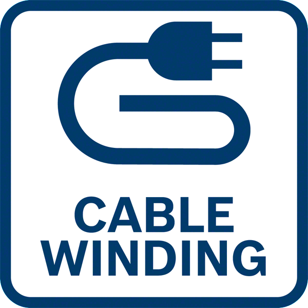 Kék-fehér tábla kábelfeltekerési szimbólummal és a 'Cable Winding' felirattal.