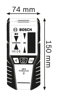 Bosch LR 2 Professional lézer vevő. Fekete-fehér, mm-ben méretekkel. 74 mm széles, 150 mm magas.