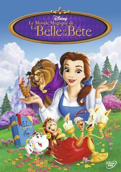 Beauty and the Beast DVD-hoes met Belle, Beest en andere personages in een tuin.
