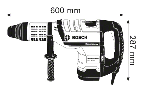 Bosch ütvefúró, méretekkel. Fekete és szürke, fogantyúval és fúrófejjel.
