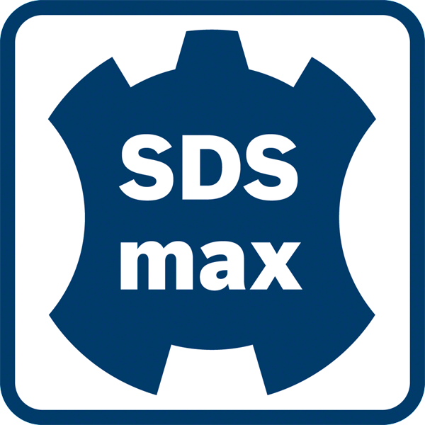 Kék négyzet alakú logó fehér "SDS max" szöveggel egy stilizált fogaskerék szimbólumon belül.