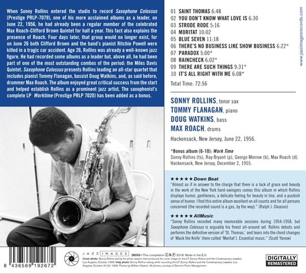 Ein CD-Cover mit Text, ein Mann spielt ein Saxophon.