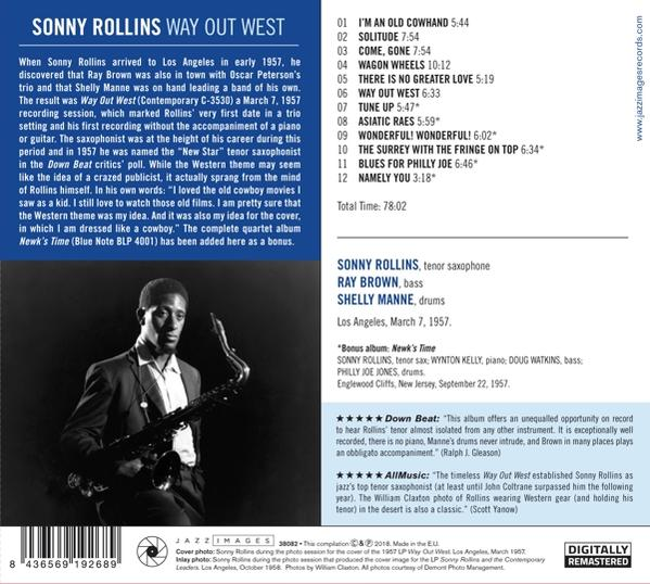 Albumcover. Schwarz-Weiß-Foto von Sonny Rollins mit einem Saxophon.