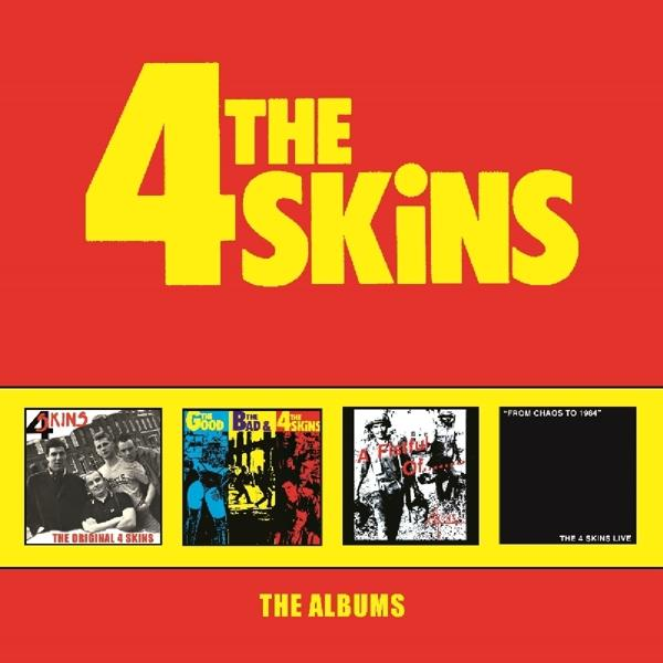 Albumcover von The 4 Skins. Zeigt Albumcover ihrer Veröffentlichungen auf rotem Hintergrund.