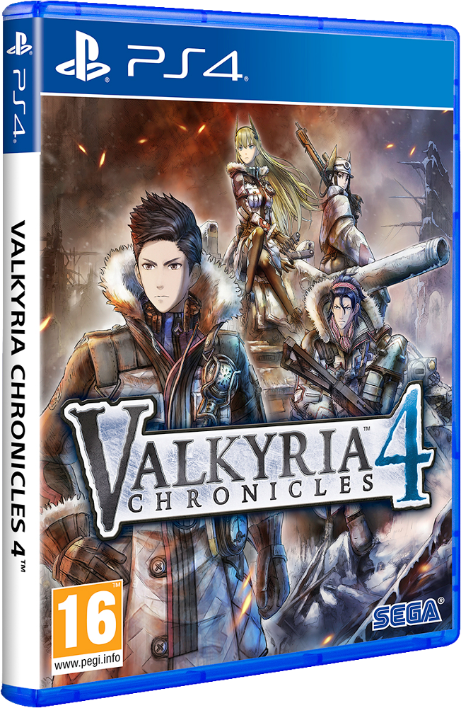 A Valkyria Chronicles 4 PlayStation 4 játék borítója. Karakterek havas jelenetben, kék tok.
