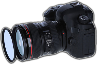 A black camera with a lens and a filter attached.