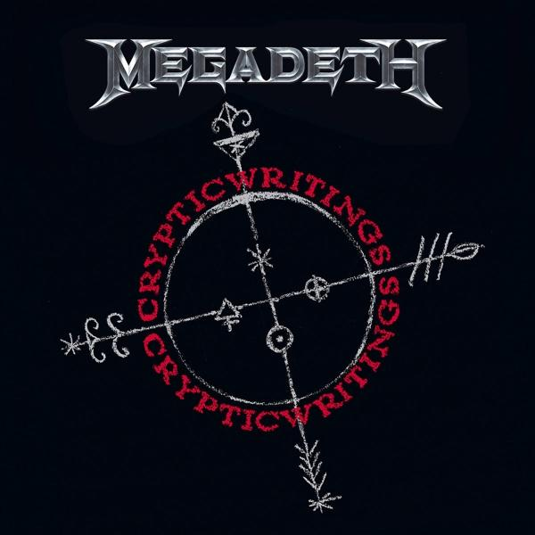 Pochette de l'album Megadeth. Fond noir avec un design en forme de boussole et texte rouge : Cryptic Writings.
