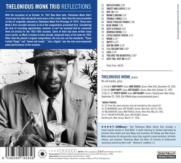 Rückseite einer CD-Hülle mit Text und Fotos. Thelonious Monk Trio Reflections.